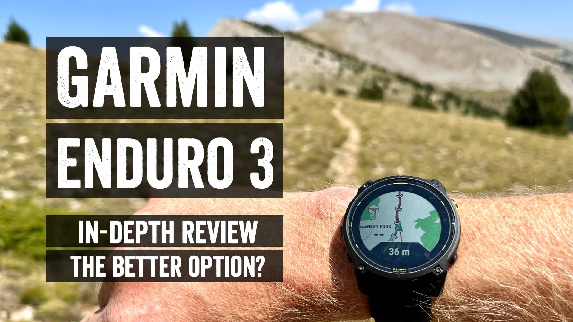 High-quality visual of Garmin Enduro 3 smartwatch in a scenic outdoor environment, highlighting technology and adventure suitability.