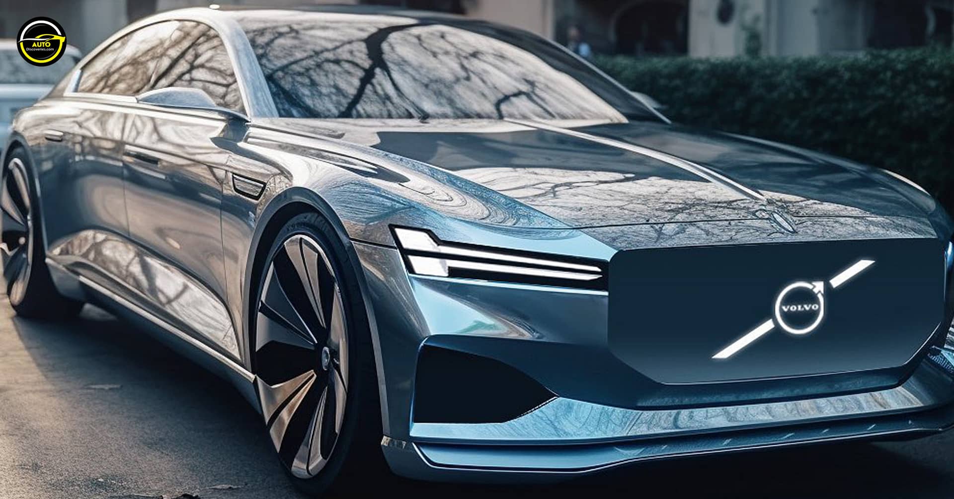 Volvo ES90 electric sedan in a futuristic urban setting showcasing modern design and technology.