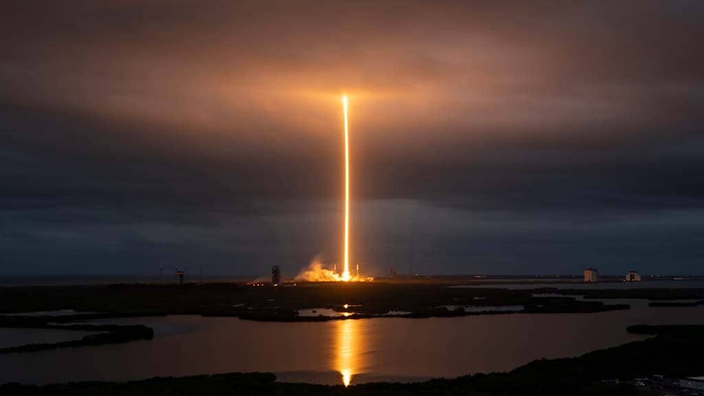 A high-quality illustration of the Falcon 9 rocket launching into space with Starlink satellites in orbit.