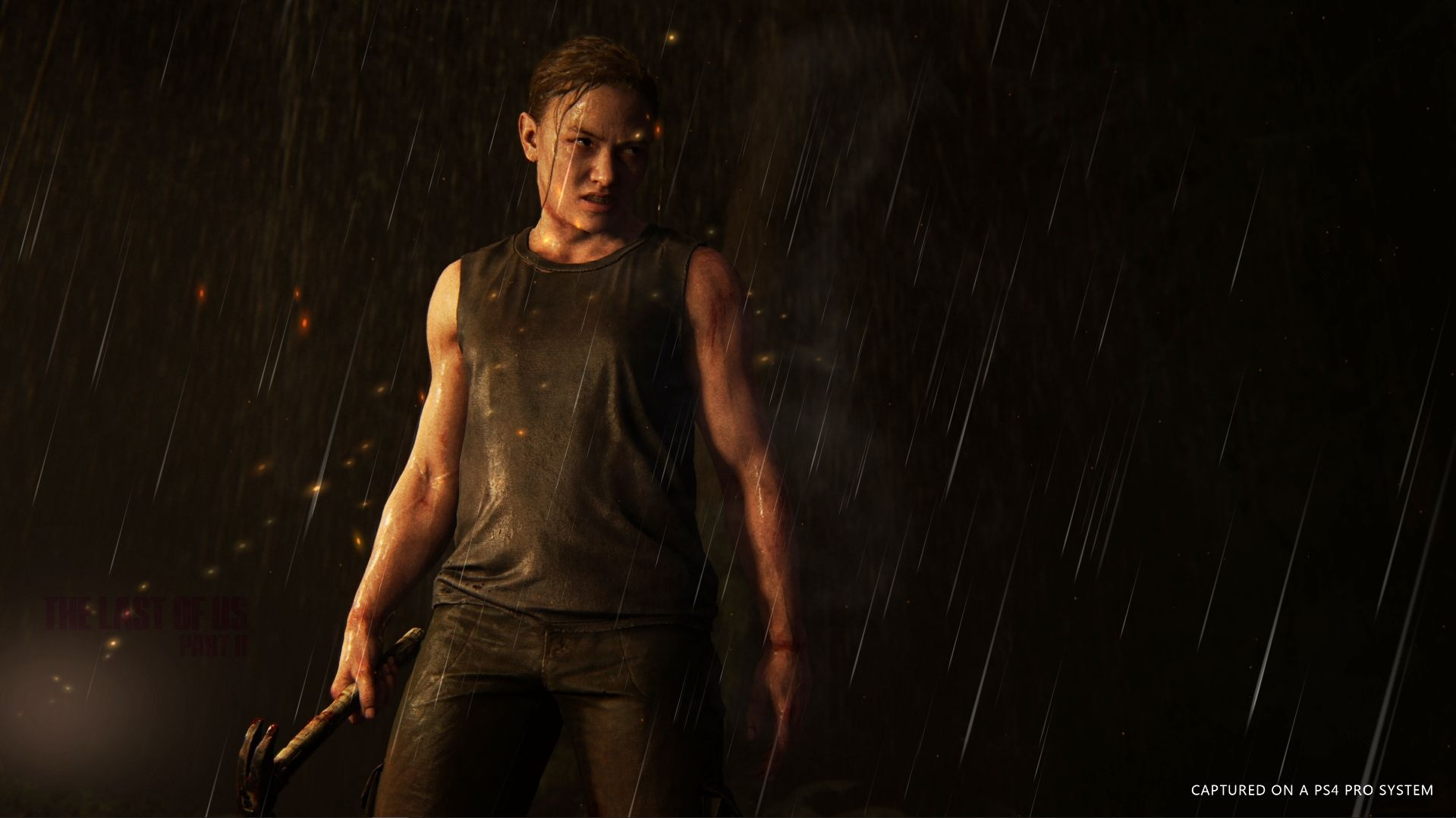 A dramatic portrayal of Abby from The Last of Us, showing her as a leaner character in a post-apocalyptic landscape.